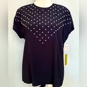 Vintage Liz Claiborne Navy Blouse Top with Pearls, Shoulder pads NWT Size 10